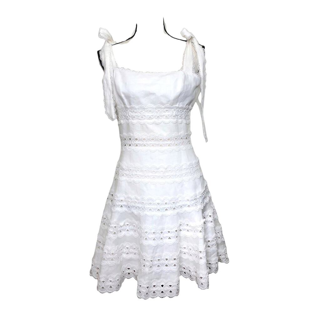Zimmermann Dress Kirra Tie Shoulder Mini White Ivory Flare Linen Lace '2' US 8